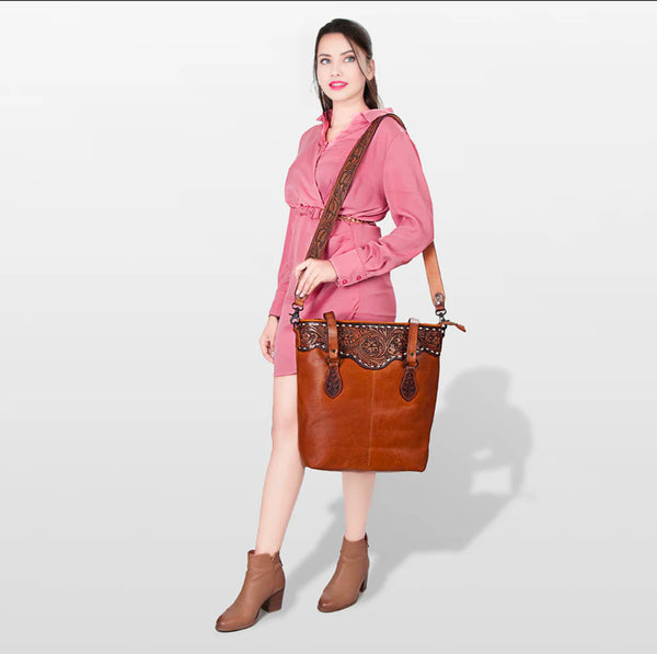 American Darling Tooled Tote Genuine Western Leather Women Bag-Coffee