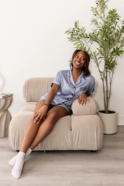 Baby Blue with Black Trim Satin Pajamas