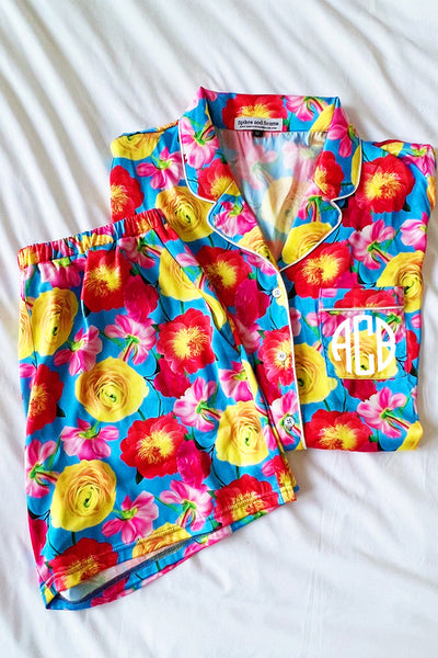 Blue Floral Satin Pajamas