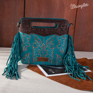 Wrangler Top Handle Embroidered Fringe Tote/Crossbody - Turquoise