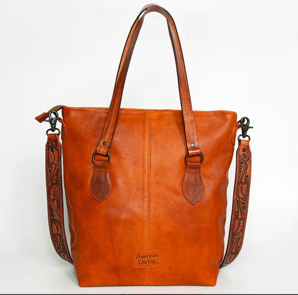 American Darling Tooled Tote Genuine Western Leather Women Bag-Coffee