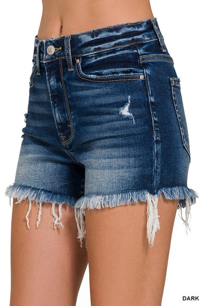 Zenana Raw Frayed Hem Ripped Denim Shorts