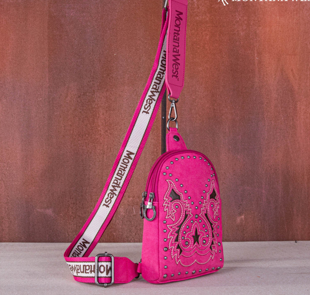 Montana West Embroidered Cut-out Boot Scroll Sling Bag-Hot Pink