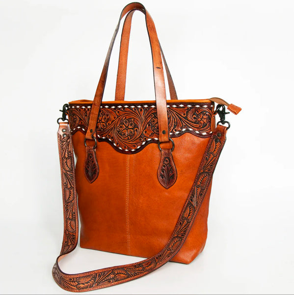 American Darling Tooled Tote Genuine Western Leather Women Bag-Coffee