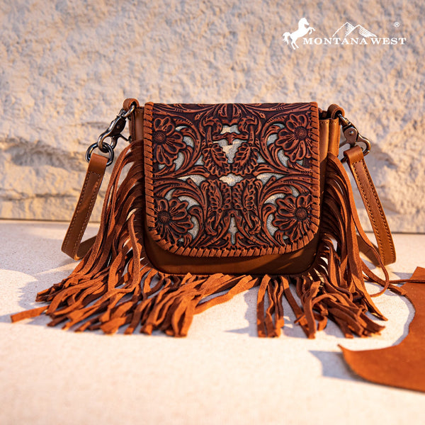 Montana West Genuine Leather Tooled Fringe Crossbody