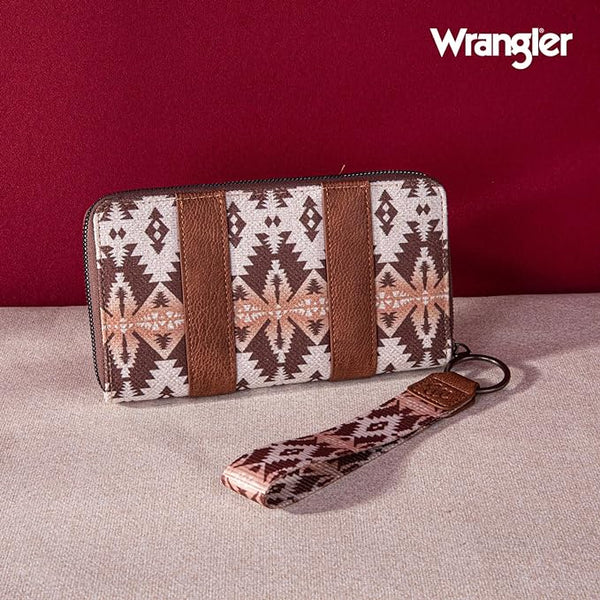 WRANGLER ALLOVER AZTEC DUAL SIDED PRINT CANVAS WALLET-Light Coffee