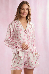 Stripe & Floral Prints Satin Pajamas Set