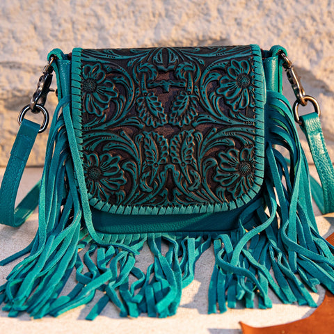 Montana West Genuine Leather Tooled Fringe Crossbody