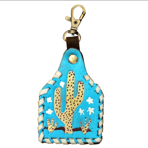 American Darling Hand Painted Teal Cactus Genuine Leather Keyring