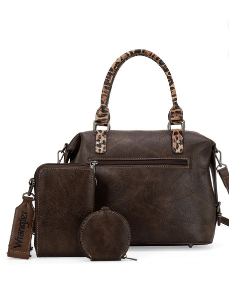 Wrangler 3Pcs Doctor Bag Sets for Women Top-Handle Satchel Bag with Cell Phone Handbags & Coin Purse, Leopard-Coffee