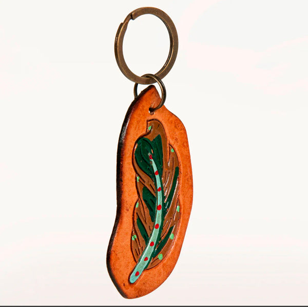 American Darling Hand Painted Green Feather Genuine Leather Keyring