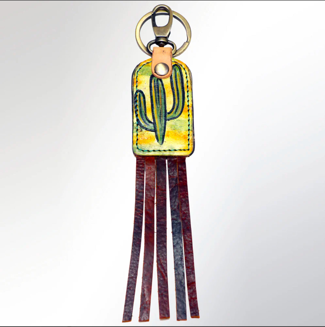 American Darling Hand Painted Fringe Cactus Genuine Leather Keyring