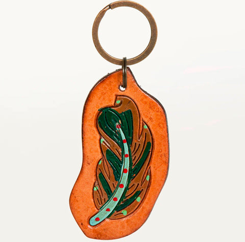 American Darling Hand Painted Green Feather Genuine Leather Keyring