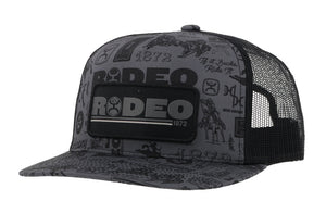 Rodeo Hooey, Black 5-Panel Trucker with Rodeo Pattern and Black Rectangle Patch