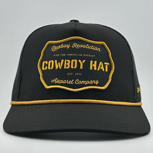 “COWBOY HAT” PATCH ROPE TRUCKER HAT - BLACK