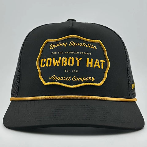 “COWBOY HAT” PATCH ROPE TRUCKER HAT - BLACK