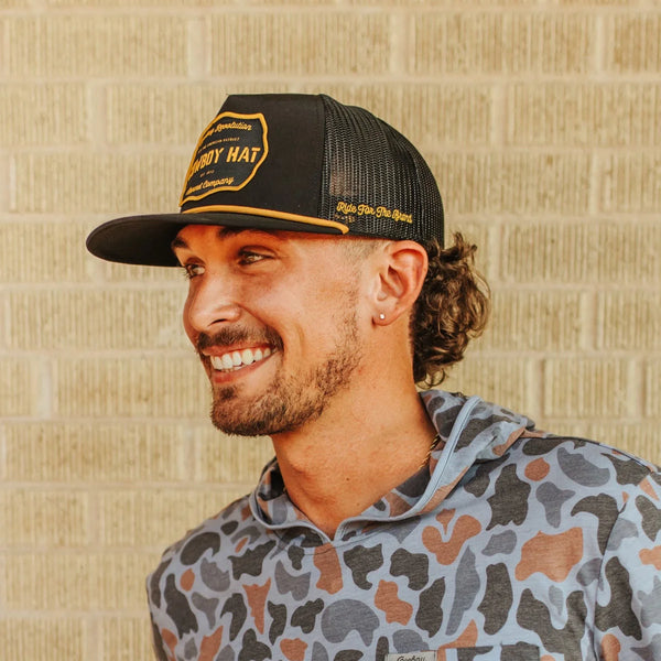 “COWBOY HAT” PATCH ROPE TRUCKER HAT - BLACK