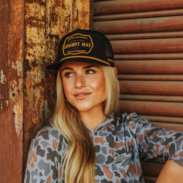 “COWBOY HAT” PATCH ROPE TRUCKER HAT - BLACK