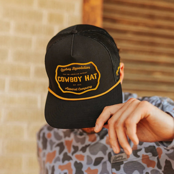 “COWBOY HAT” PATCH ROPE TRUCKER HAT - BLACK