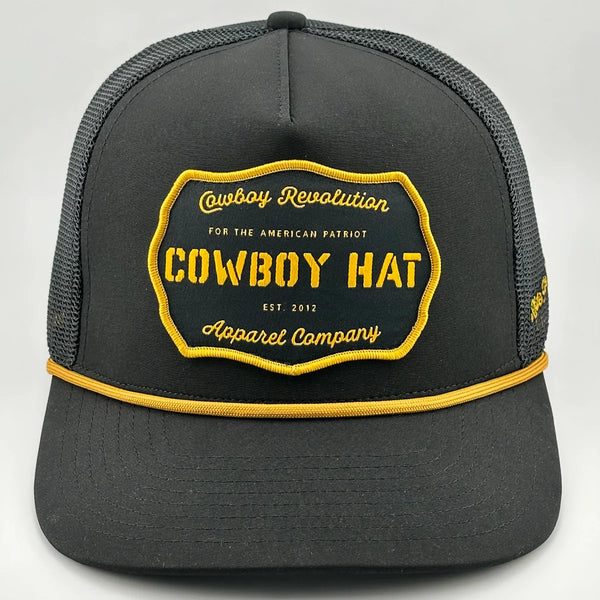 “COWBOY HAT” PATCH ROPE TRUCKER HAT - BLACK