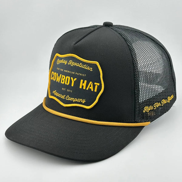 “COWBOY HAT” PATCH ROPE TRUCKER HAT - BLACK