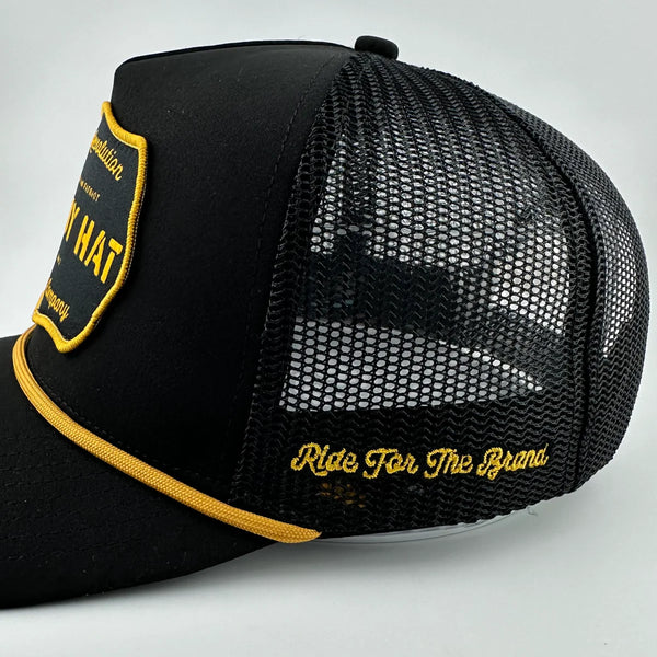 “COWBOY HAT” PATCH ROPE TRUCKER HAT - BLACK