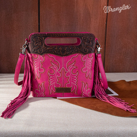 WRANGLER TOOLED FRINGE CROSSBODY BAG-Hot Pink