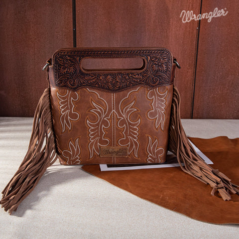 Wrangler Top Handle Embroidered Fringe Tote/Crossbody - Brown