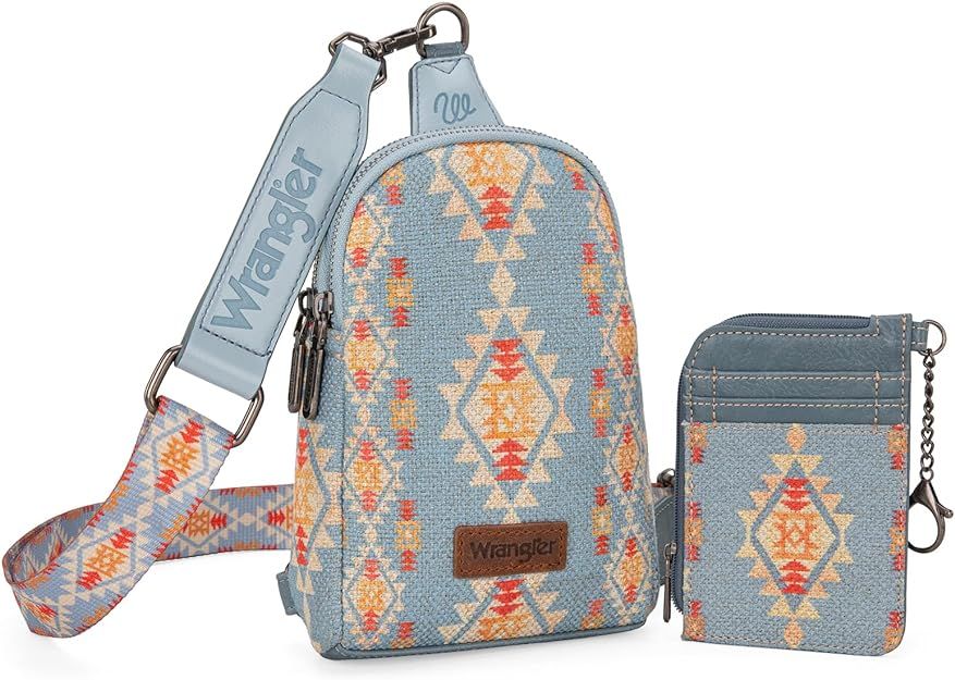 Wrangler Aztec Print Crossbody Sling Chest Bag With Zip Card Holder Set-Blue