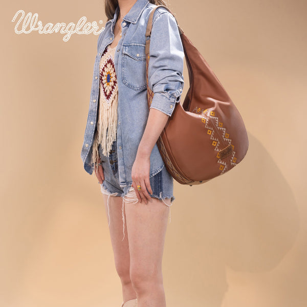 Wrangler Aztec Embroidered Large Hobo Bag- Light Brown