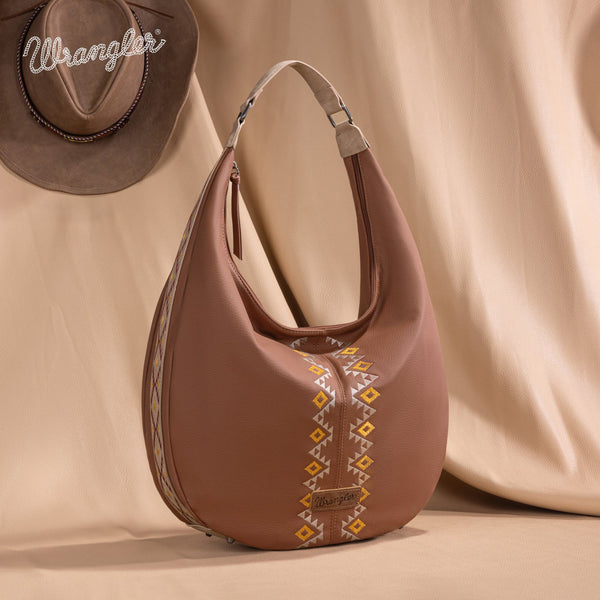 Wrangler Aztec Embroidered Large Hobo Bag- Light Brown