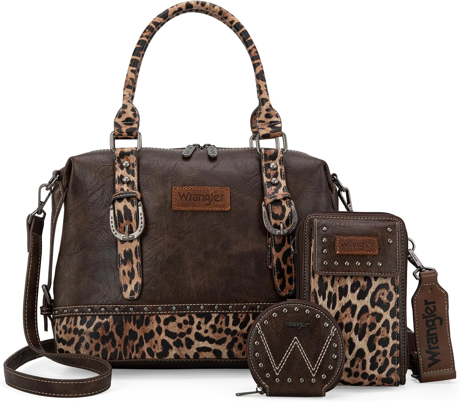 Wrangler 3Pcs Doctor Bag Sets for Women Top-Handle Satchel Bag with Cell Phone Handbags & Coin Purse, Leopard-Coffee
