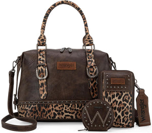 Wrangler 3Pcs Doctor Bag Sets for Women Top-Handle Satchel Bag with Cell Phone Handbags & Coin Purse, Leopard-Coffee