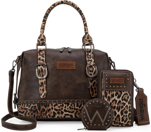 Wrangler 3Pcs Doctor Bag Sets for Women Top-Handle Satchel Bag with Cell Phone Handbags & Coin Purse, Leopard-Coffee