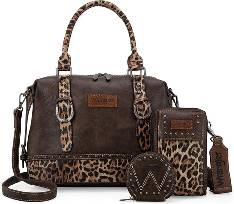 Wrangler 3Pcs Doctor Bag Sets for Women Top-Handle Satchel Bag with Cell Phone Handbags & Coin Purse, Leopard-Coffee