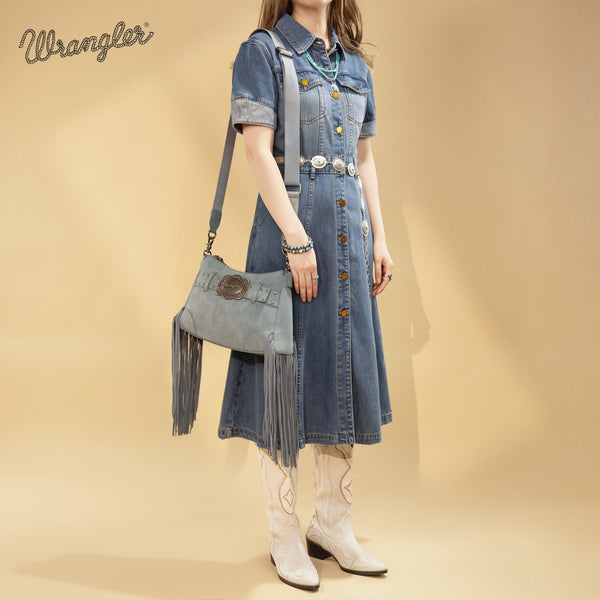 Wrangler Fringe Buckle Hobo Bag/Crossbody Bag-Jean