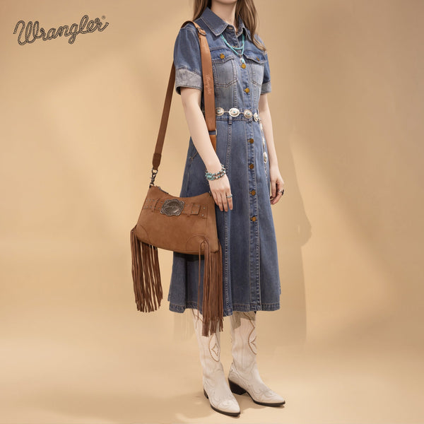 Wrangler Fringe Buckle Hobo Bag/Crossbody Bag-Brown