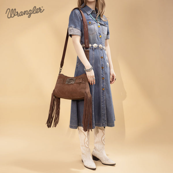 Wrangler Fringe Buckle Hobo Bag/Crossbody Bag-Coffee