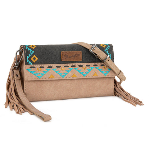 Wrangler Aztec Embroidered Fringe Wallet/Crossbody -Black