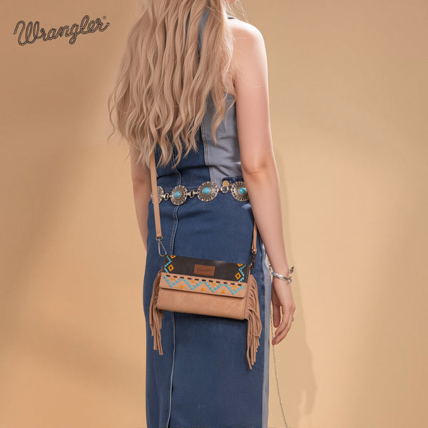 Wrangler Aztec Embroidered Fringe Wallet/Crossbody -Black