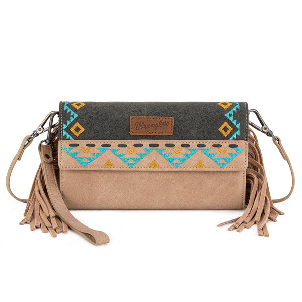 Wrangler Aztec Embroidered Fringe Wallet/Crossbody -Black