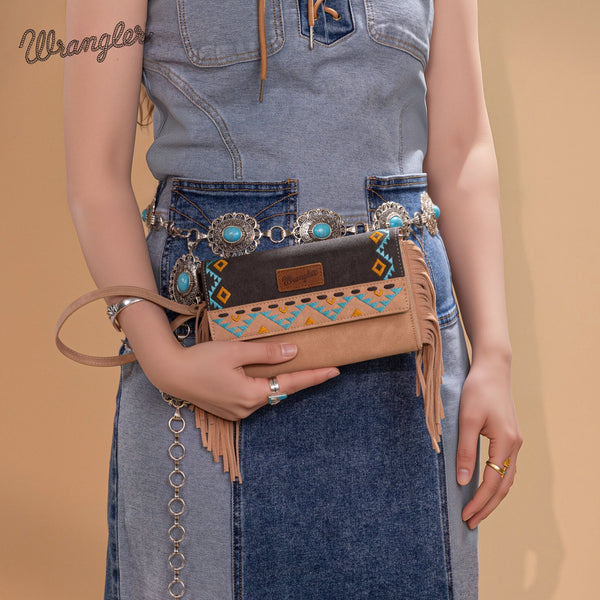 Wrangler Aztec Embroidered Fringe Wallet/Crossbody -Black