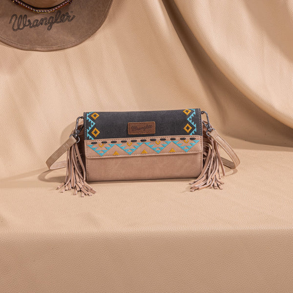 Wrangler Aztec Embroidered Fringe Wallet/Crossbody -Black
