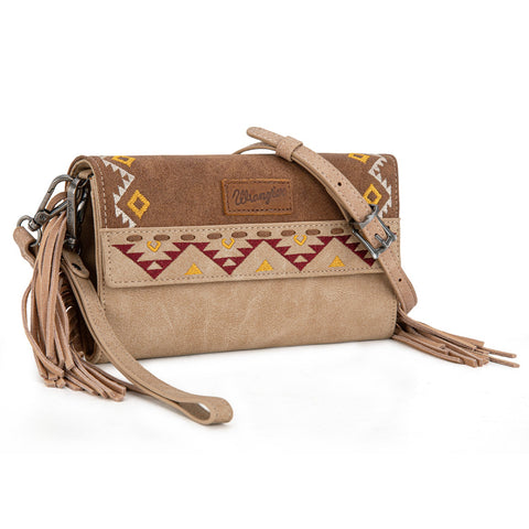Wrangler Aztec Embroidered Fringe Wallet/Crossbody -Light Brown