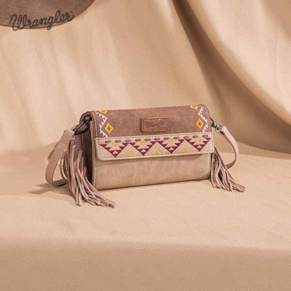 Wrangler Aztec Embroidered Fringe Wallet/Crossbody -Light Brown