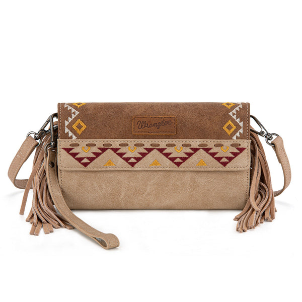 Wrangler Aztec Embroidered Fringe Wallet/Crossbody -Light Brown