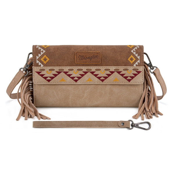 Wrangler Aztec Embroidered Fringe Wallet/Crossbody -Light Brown