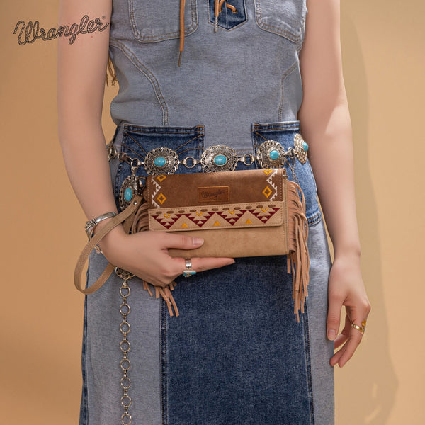 Wrangler Aztec Embroidered Fringe Wallet/Crossbody -Light Brown