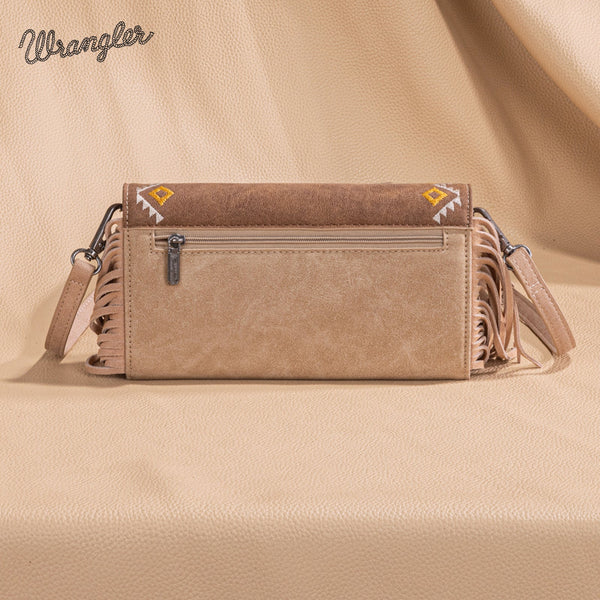 Wrangler Aztec Embroidered Fringe Wallet/Crossbody -Light Brown