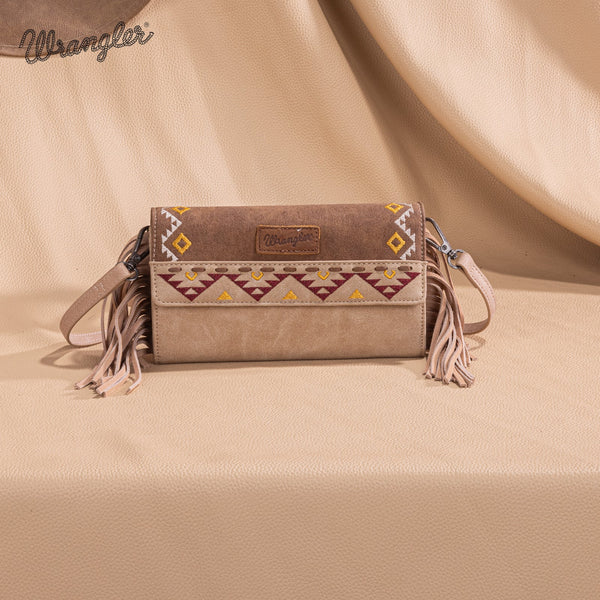 Wrangler Aztec Embroidered Fringe Wallet/Crossbody -Light Brown